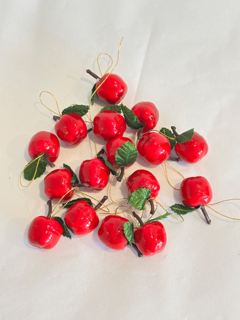 Vintage paper mache red lacquer mini apples SET OF 16 hanging apple ornaments